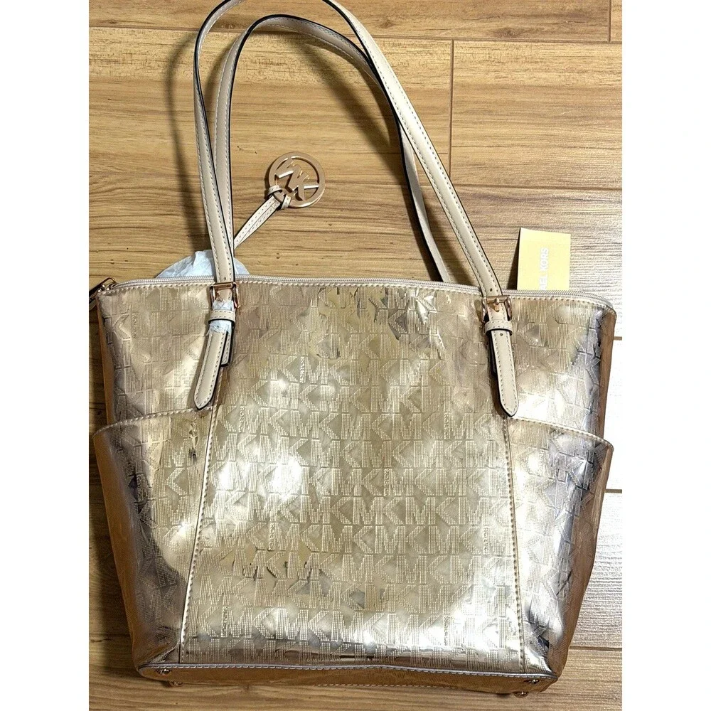 NWT Michael Kors Metallic Rose Gold MK Logo Tote Bag with Wallet $356 Jet Set